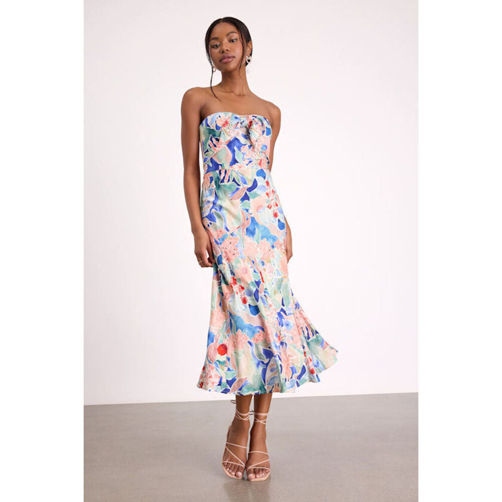 Brand New Lulus Shauna Blue Multi Floral Tie-front Midi Dress